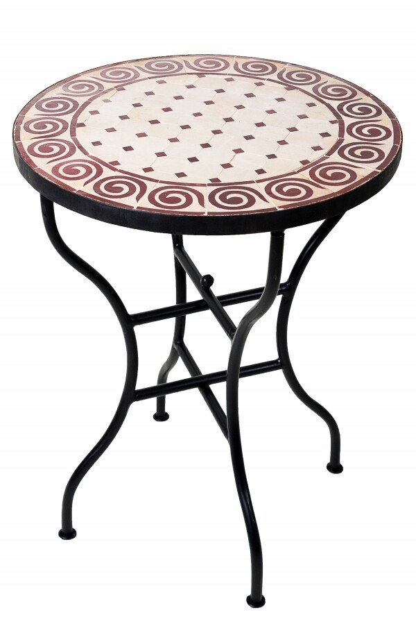Marokkanischer Mosaiktisch Spirale Beige-Bordeaux Ø60