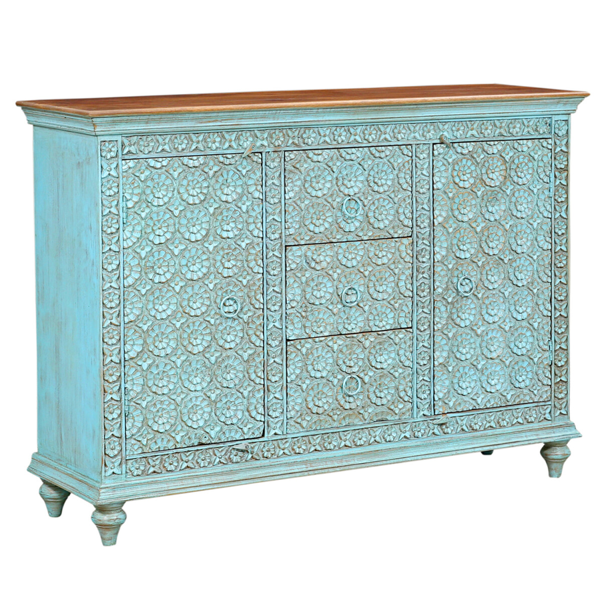 Sideboard Kabira blau – Massivholz handgeschnitzt, 148