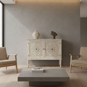 Kommode Vanaja aus Massivholz handgeschnitzt Mandala...