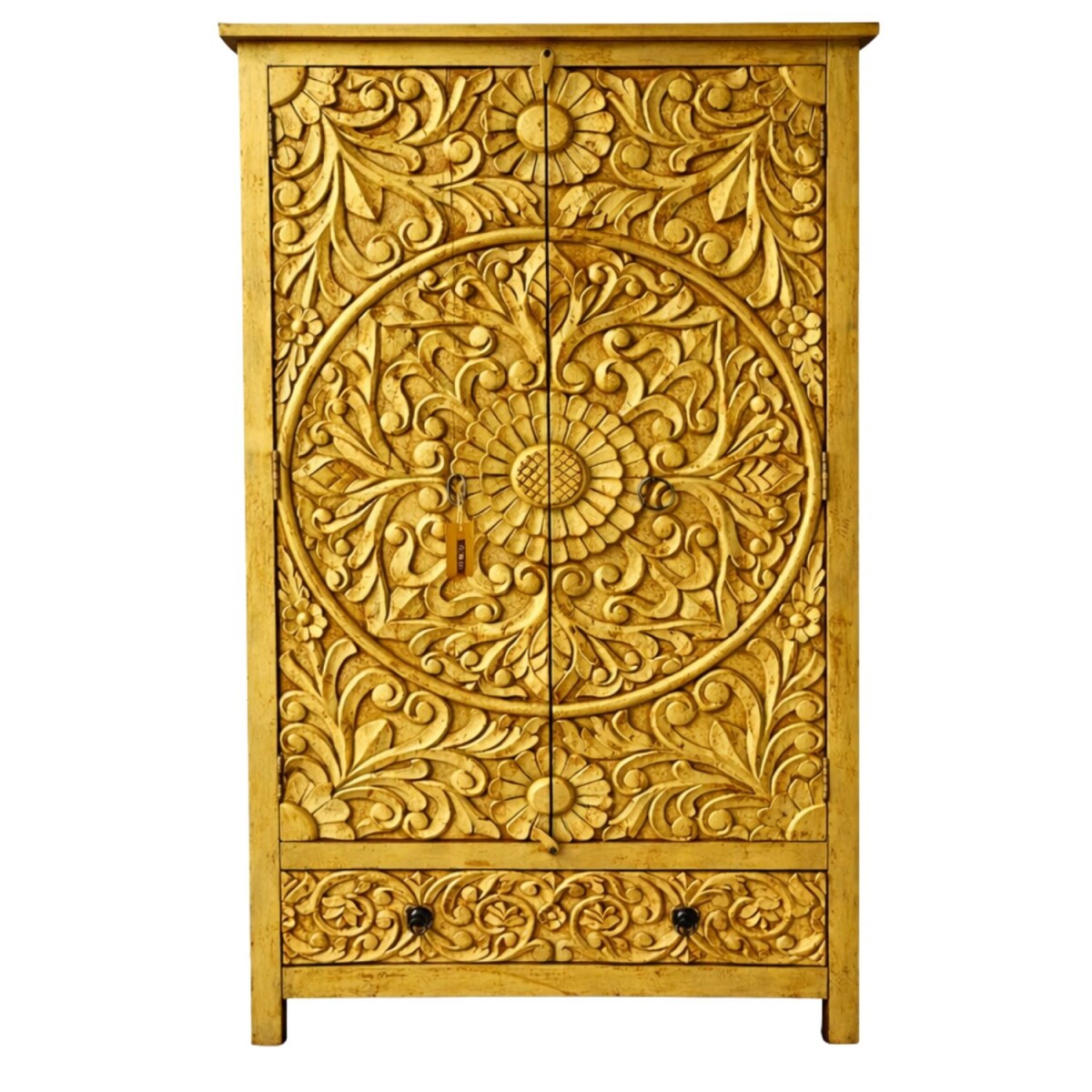 Highboard Surya gold Massivholz handgeschnitzt Boho Stil 190
